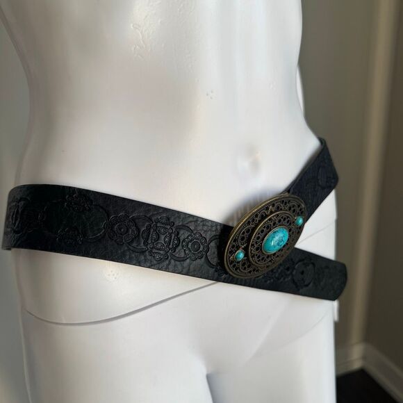 Vintage Y2K Fossil Western Tooled Belt With Turquoise Center Boho Size L - Picture 12 of 12